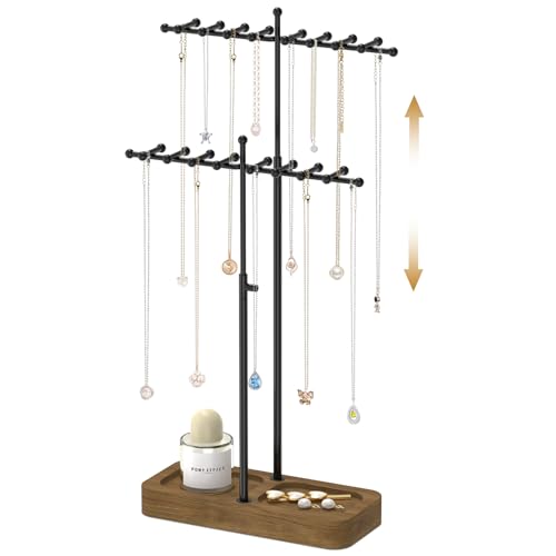 MODOWEY Necklace Holder Organizer Stand with 36 Hooks, Tall Display Tree Rack for Women Men Jewelry Storage, Adjustable 2 Tier Metal Hanger Wood Tray for Vendor, Large Capacity for Dresser Small Space - color: Black+Brown, size: 2 Tier