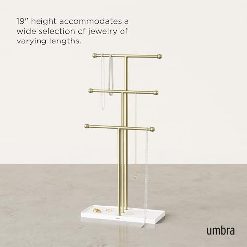 Umbra Trigem Hanging Jewelry Organizer Tiered Tabletop Free Standing Necklace Holder Display, White/Gold