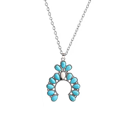 Pingyongchang Natural Turquoise Necklace Boho Bead Silver Cross Vintage Statement Pendant Necklace Handmade Turquoise Western Necklaces Jewelry for Women - color: Flower B