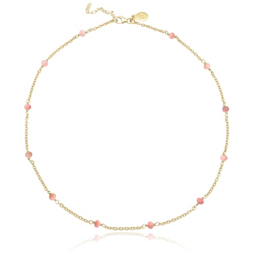 Dainty Gold Necklace for Women,Trendy 18k Gold Vermeil Sterling Silver Choker Necklace Thin Beaded Choker Necklaces Womens Simple Jewelry Gift for Valentines Day - color: October - Pink Opal
