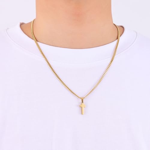 Fiusem Easter Basket Stuffers Cross Necklace for Men and Women, 14K Gold Plated Mens Cross Necklaces with 3.5mm Cuban Chain, Stainless Steel Pendant Chain 16-24 Inches - size: 18 Inches, style: Tiny gold cross:0.8"*0.45"