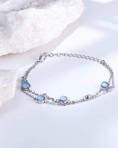 Rhinestone Birthstone Blue Bracelet for Women, Adjustable Silver Plated Chain Bracelet with Lobster Clasp and Extension, Dainty March Birthstone Link Bracelet Gift for Birthday or Anniversary Christmas Jewelry