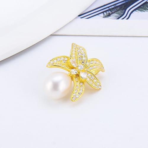 Sterling Silver Gold Plated CZ Leaf Bail Pin Pendant Fitting for Pearl Jewelry, Design Pendant Mount for Women DIY Jewelry Making