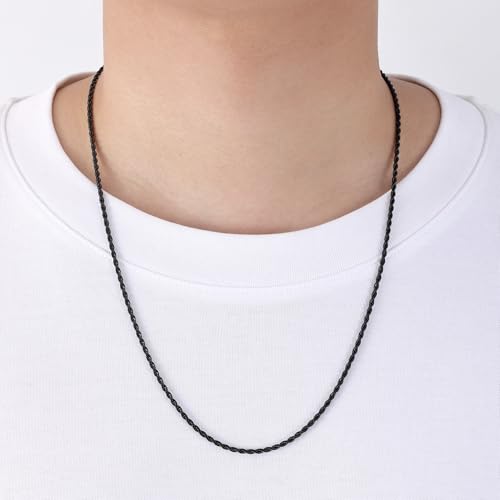 Fiusem 18K Gold Plated Rope Chain for Men, 18K Gold Plated/Black Chain Necklace, Stainless Steel Necklace for Men and Women, Jewelry Gifts - size: 24 Inches, style: Black 2.5mm