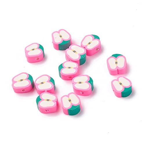 50PCS Handmade Polymer Clay Beads Pink Apple Slice Shape Loose Beads Fruit Theme Spacer Beads for DIY Bracelet Necklace Earring Charm Jewelry Making Hole 1.6mm - color: Pink Apple
