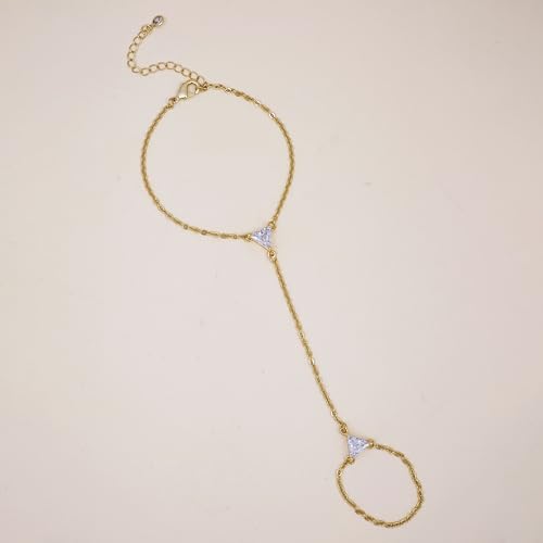 Gold Bracelets for Women Trendy, Dainty Gold Hand Chain Bracelet Stack 14k Gold Plated Finger Ring Bracelet Hand Chain Cz Layered Beaded Gold Bracelets for Women Non Tarnish Gold Jewelry Gift - style: cz hand chain bracelet-gold