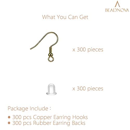 BEADNOVA Earring Hooks 300pcs Earring Kits with Rubber Backs Ear Hook for Jewelry Making DIY Ear Wire Supplies (300pcs Copper Earwires and 300 pcs Backs, Total 600pcs) - color: Copper, size: 300pcs