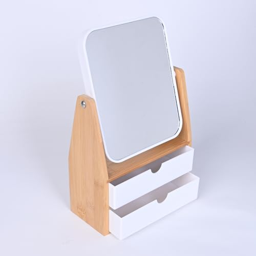 1x / 5X Magnifying Makeup Mirror, Jewelry and Cosmetics Storage Box with Double Drawers, Adjustable Natural Bamboo Stand, 360° rotatable Vertical Desktop Mirror (1, Rectangle)