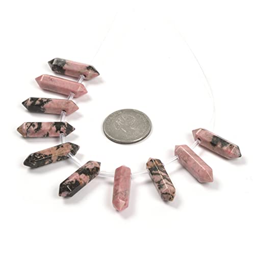 Matrix Rhodonite 32mm Natural Gemstone Hexagonal Wand Jewelry Making Crystal Pointed Chakra Reiki Healing Beads 2mm Hole Drilled(Pack of 10) - color: Matrix Rhodonite