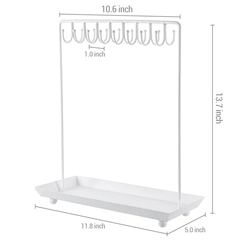 MyGift White Metal Jewelry Organizer Stand for Necklaces with 20 Hooks and Ring Tray - color: White