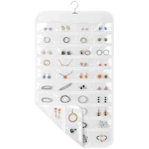 Okxiri 1 Pack Hanging Jewelry Organizer, 80 Clear Pockets earring organizer and storage, Accessories holder organizer for Closet, Jewelries, Necklace, Travel - color: White