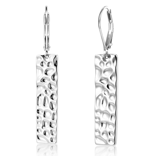 ALEXCRAFT 925 Sterling Silver Dangle Earrings for Women, 14K Gold Plated French Leverback Earrings, Hypoallergenic Lightweight Statement Hammer Square Bar Long Drop Earing for Women Trendy Jewelry - color: SilverC