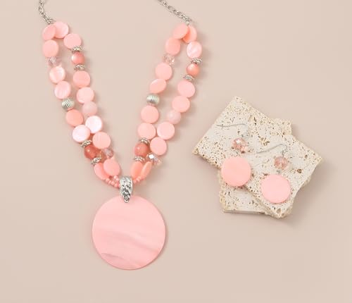 Layered Beads Statement Fashion Necklace Chunky Jewelry Set Big Colorful Glass Stone Circle Shell Pendant Choker Necklace and Earring Set for Women - color: peach