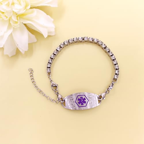 Women's Medical ID Bracelet with White Zircon Tennis Chain, Interchangeable Engraved Plate, Adjustable Lobster Clasp, Lightweight, Hypoallergenic, for Running, Outdoor, Daily Wear - color: Purple-ASTHMA
