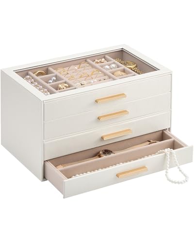 Lolalet Jewelry Box Organizer, 4-Layer Jewelry Organizers and Storage Case with Glass Lid, Ring Earring Bracelet Necklace Holder Organizer, Birthday Valentine Gifts for Women Girls -4Layer, Beige - color: Beige, size: 4-Layer