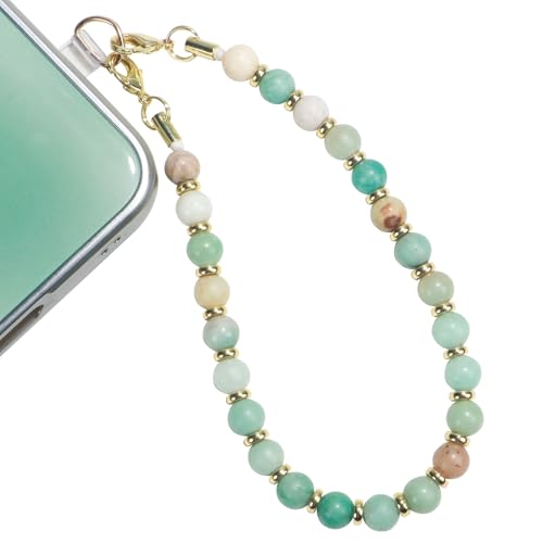 TEAMOLA Natural Stone Phone Charm, Handmade Crystal Cellphone Chain for Universal, Beaded Healing Anti Theft Phone Wrist Strap with Tether Tab, Amazonite - color: Green & Blue