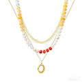 Gmai Layered Beaded Necklace for Women Colorful Trendy Snake Chain Circle Pendant Choker Gold Chain Adjustable Length Bohemian Rainbow Stackable Necklaces Jewelry Gift - style: Yellow white string beads