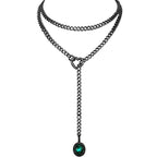 Heart Slip Chain Necklace for Women, 39 Inch Cuban Chain, Removable Heart O-Ring, Crystal Pendant, Adjustable Stainless Steel Y-Necklace - color: Black-Green