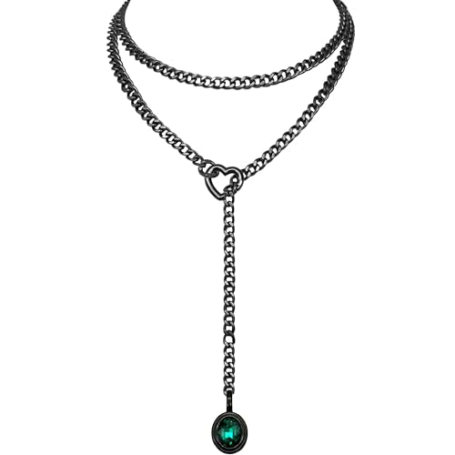 Heart Slip Chain Necklace for Women, 39 Inch Cuban Chain, Removable Heart O-Ring, Crystal Pendant, Adjustable Stainless Steel Y-Necklace - color: Black-Green
