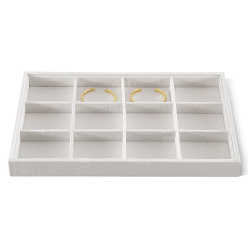 Velvet Stackable Jewelry Display Tray, 12 Grid Watch Bangle Bracelet Storage Tray, Makeup Drawer Insert Jewelry Shop Organizer Plate (White) - color: White, size: 12 Slot Tray
