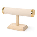 Jewelry Display T-Bar Stand – 9 inch Beige Textured Velvet Bracelet Holder with Gold Metal Ends, 1-Tier Jewelry Organizer with Natural Pine Base, Bangle & Watch Display for Retail & Vanity - color: Beige Textured Velvet