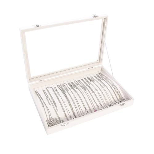Coward 20 Hooks Necklace Organizer Jewelry Box, Dustproof Necklace Display Holder Case, Beige Velvet Necklace Display Tray Case with Transparent Glass Lid for Women Girls - color: Beige Velvet, size: Necklace Box