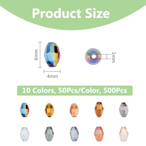 DICOSMETIC 500Pcs 10 Colors Electroplate Glass Beads 6x4mm Faceted Bicone Beads Crystal Bead Mini Oval Spacer Beads Sparkle Bead for DIY Bracelet Necklace Jewelry Making