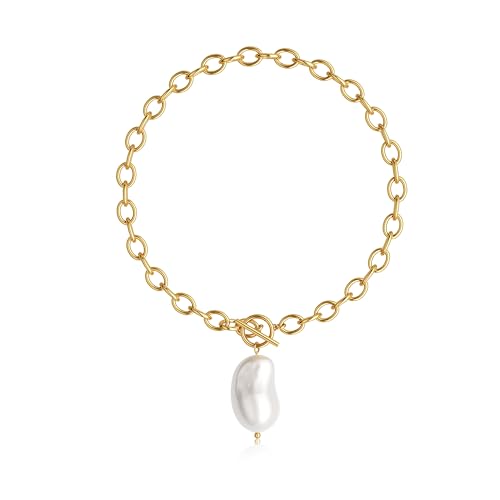 CHESKY 14K Gold Plated Chunky Necklace for Women, Trendy Paperclip Chain Necklace Thick Cross Heart Pendant Necklace Layered Herringbone Cuban Link Chain Toggle Necklaces Non Tarnish Jewelry - color: gold, style: pearl pendant
