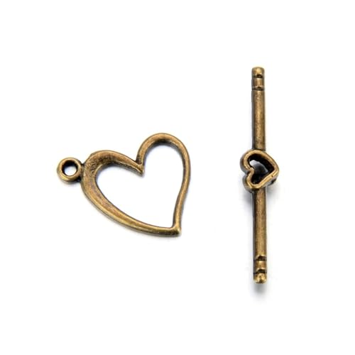 Adabele 20 Sets Heart Shape Toggle Clasp 14.5mm (0.57 Inch) T-Bar Closure Tarnish Resistant Antique Bronze for Necklace Bracelet Craft Jewelry Making MC-AF57 - size: 14.5mm Heart Shape Toggle