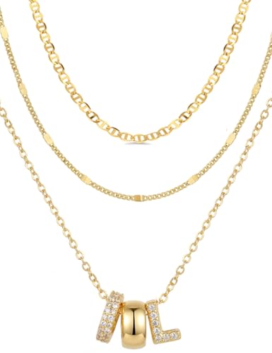 Layered Gold Necklaces for Women, 14K Gold Plated Dainty Cubic Zirconia Rondelle Initial Pendant Necklace, Chunky Stackable Mariner Chain Choker, Trendy Personalized Name Jewelry Gifts for Women - style: Letter L