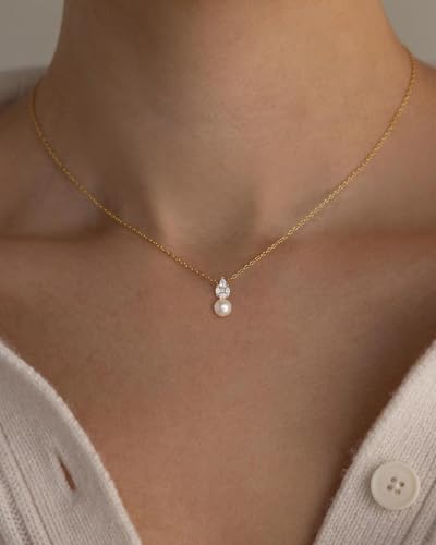 Pearl Necklace for Women- 14K Gold-plated/White Gold-plated Dainty Pearl Necklace for Women - color: Gold CZ pearl 371