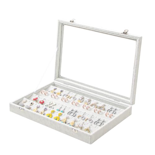 Coward Earring Organizer Tray Box, Grey Beige Velvet Earring Jewelry Display Storage Tray Case with Transparent Glass Lid for Home Drawer or Shop Selling - color: Grey Beige Velvet, size: Earring Box