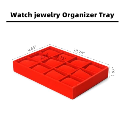 Jewelry Watch Tray, Red Velvet Watch Jewelry Organizer 12 Grid, Stackable Watch Bracelet Bangle Display Holder, Adjustable Pillows, for Man Woman Show Birthday - color: Red