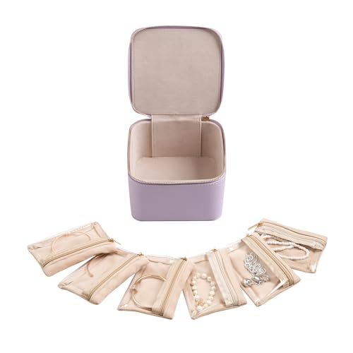 Frebeauty Small Travel Jewelry Box,Travel Jewelry Case with 6 Pouch Bags,Portable Travel Jewelry Organizer,Mini Jewelry Storage,3.35 x 4.9 x 4.8 Inches,Gift Idea for Women Girls (Purple) - color: Purple