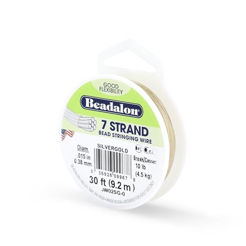 Beadalon 7 Strand Bead Stringing Wire, 0.015 in / 0.38 mm, Silver Gold Color, 30 ft / 9.2 m - color: Silver Gold, style: .015 in / 0.38 mm , 30 ft / 9.2 m