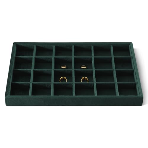 Velvet Stackable Jewelry Display Tray, 24 Grid Earring Ring Storage Tray, Drawer Divider Jewelry Accessories Organizer Plate (Green) - color: Green, size: 24 Slot Ring Tray