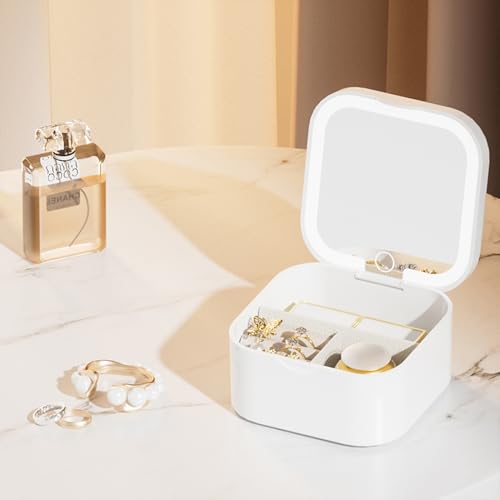 Portable Jewelry Box with LED Mirror, White, 3.5 x 3.5 x 1.8 inches, Travel Size Organizer