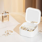 Portable Jewelry Box with LED Mirror, White, 3.5 x 3.5 x 1.8 inches, Travel Size Organizer