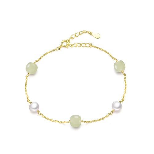 Natural Hetian Jade & Pearls Beaded Necklace Bracelet Jewelry for Women, Lucky Green Jade White Pearl Charm Adjustable Chain Jewelry Gift for Mom Lover her - color: Bracelets