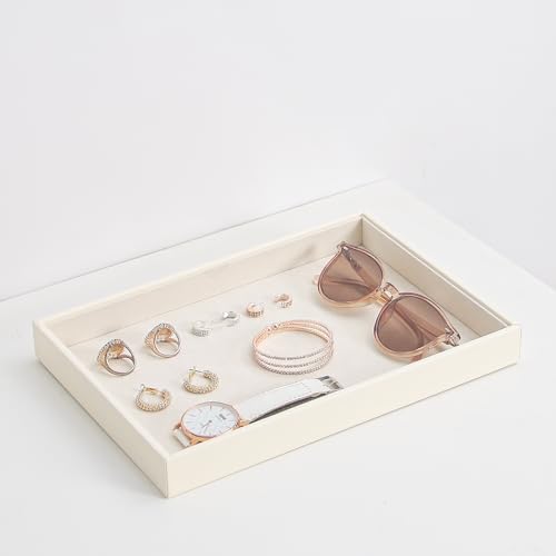 Stackable Jewelry Organizer Tray For Drawers,White Leather Small Earring Storage Tray,Bracelet And Necklace Display Box,Jewelry Ring Display Case (Creamy White Blank Trays) - style: Creamy White Blank Trays
