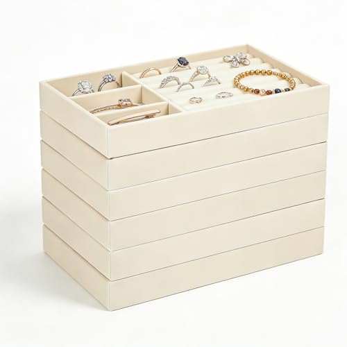 Velvet Jewelry Organizer for Drawer, 6-Piece Stackable Jewelry Trays with Removable Dividers, Drawer Organizer Inserts Set with 2 Cleaning Cloths for Women Dresser Vanity, Beige