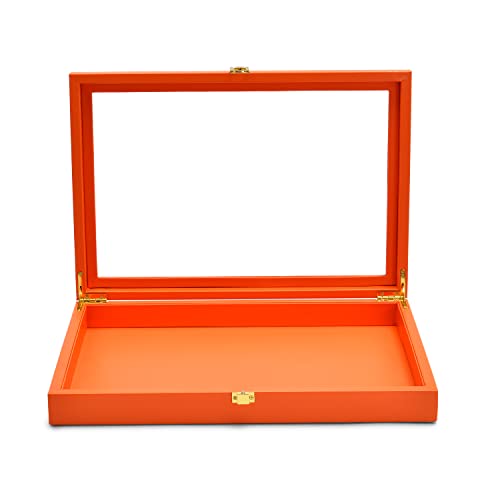 Oirlv Clear Lid Flat Jewelry Tray Stackable Display Storage Box Premium Leather Drawer Insert Jewelry Display Box for Rings Earrings Necklaces Bracelet Women Gift - color: Orange, size: 1 Grid