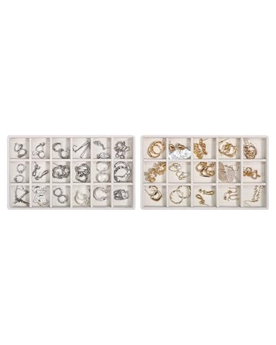 Stackable Jewelry Organizer Trays with Removable Dividers, 2-Tray Beige Jewelry Drawer Organizer Set for Earrings, Necklaces, Rings & Bracelets Gift for Her