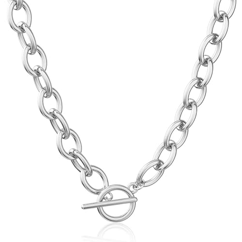 CHESKY 14K Gold Plated Chunky Necklace for Women, Trendy Paperclip Chain Necklace Thick Cross Heart Pendant Necklace Layered Herringbone Cuban Link Chain Toggle Necklaces Non Tarnish Jewelry - color: silver, style: paperclip