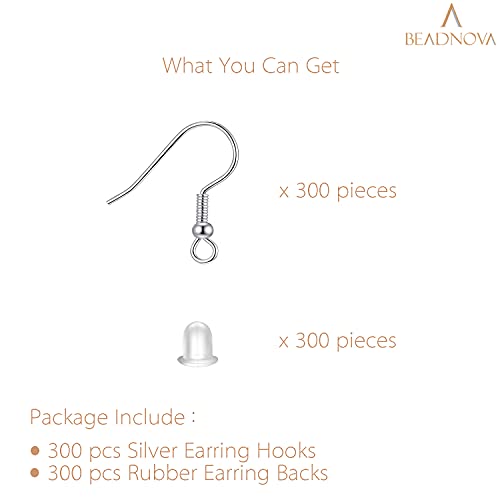 BEADNOVA Earring Hooks 300pcs Earring Kits with Rubber Backs Ear Hook for Jewelry Making DIY Earwire Supplies (300pcs Silver Ear Wires and 300 pcs Backs, Total 600pcs) - color: Silver, size: 300pcs