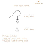 BEADNOVA Earring Hooks 300pcs Earring Kits with Rubber Backs Ear Hook for Jewelry Making DIY Earwire Supplies (300pcs Silver Ear Wires and 300 pcs Backs, Total 600pcs) - color: Silver, size: 300pcs