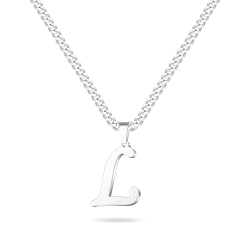 LUXEJEW Initial A-Z Letter Necklace for Men Boys Women, Stainless Steel Cuban Link Chain Letter Pendant Necklaces Capital Monogram Necklace Jewelry Gifts for Men 20+2 Inches - color: Silver, size: Letter L