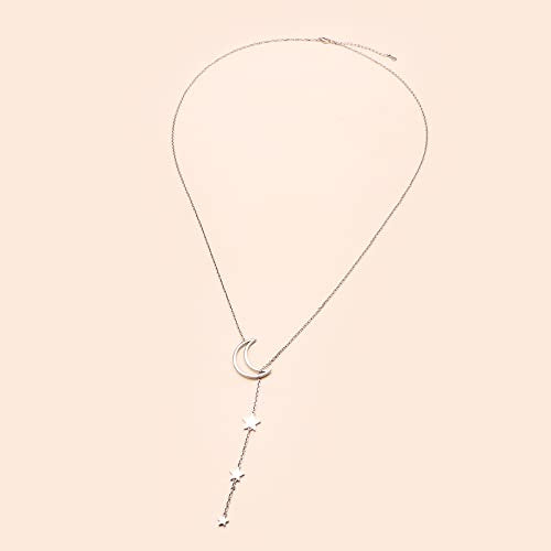 Long Necklace Sterling Silver Larait Bar Y Lariat Long Chain Drop Adjustable Necklace Gift for Her, 30" - style: Long Moon Star Necklace