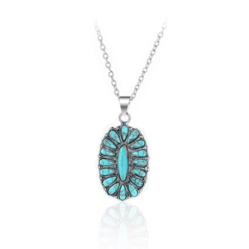 Pingyongchang Natural Turquoise Necklace Boho Bead Silver Cross Vintage Statement Pendant Necklace Handmade Turquoise Western Necklaces Jewelry for Women - color: A