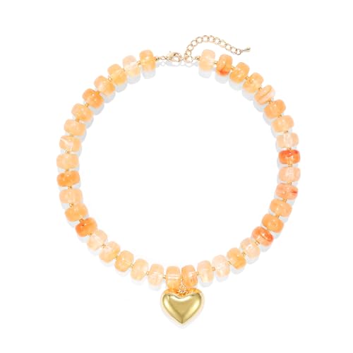 Chunky Heart Necklace for Women, Colorful Acrylic Beaded Statement Puff Heart Necklace, Cute Boho Y2K Choker Necklace for Gift Jewelry - color: Orange